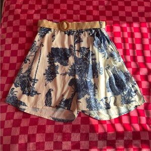 Blue and White Pattern Bermuda Style Shorts with Tan Belt